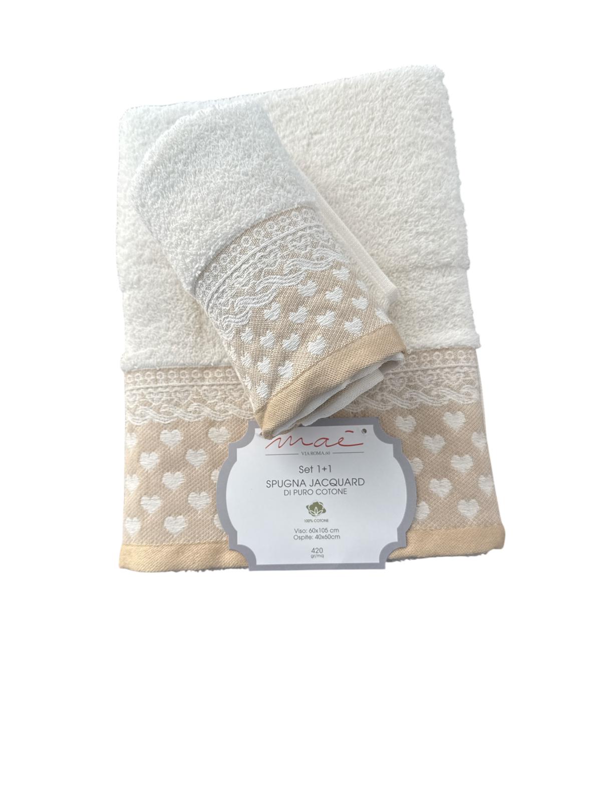 Set Asciugamani 1+1 Via Roma 60 Romantica Cuori – Spugna di Cotone Jacquard 420 gr/m²