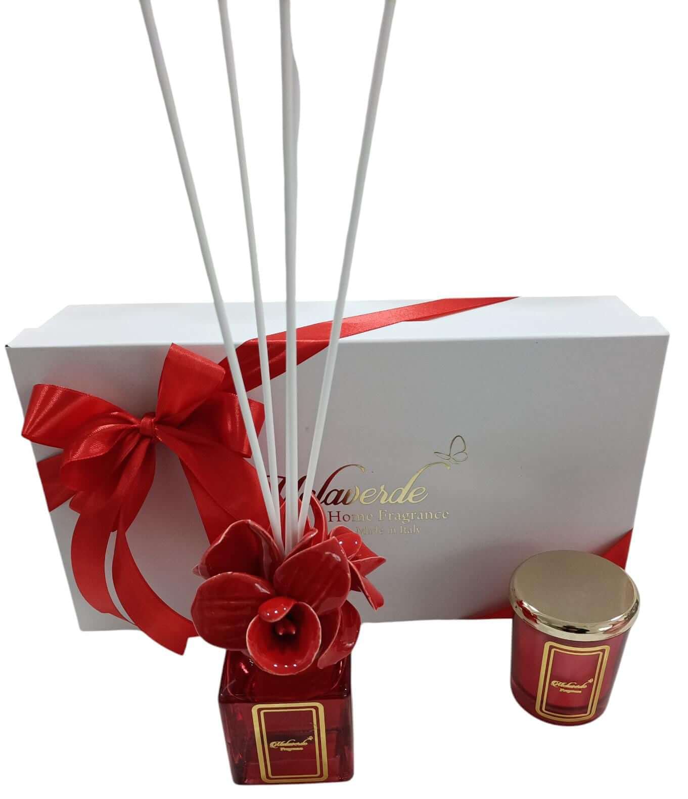 Kit Candela e Profumatore Orchidea Rosso Melaverde – Bomboniera Made in Italy - The King Luxury