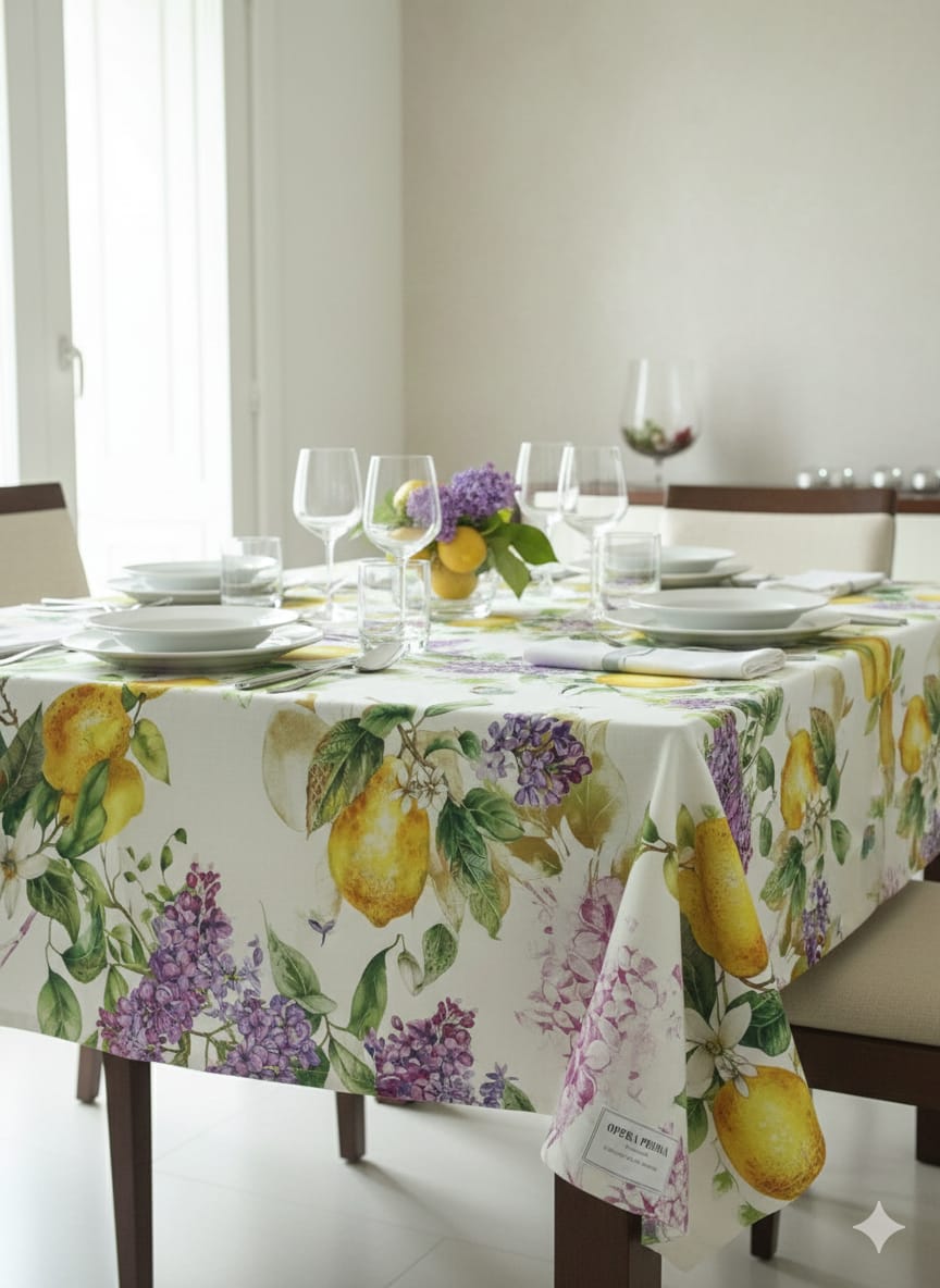 Tovaglia da Tavola X12 Opera Prima Glicine e Limoni 170x270 cm Lino