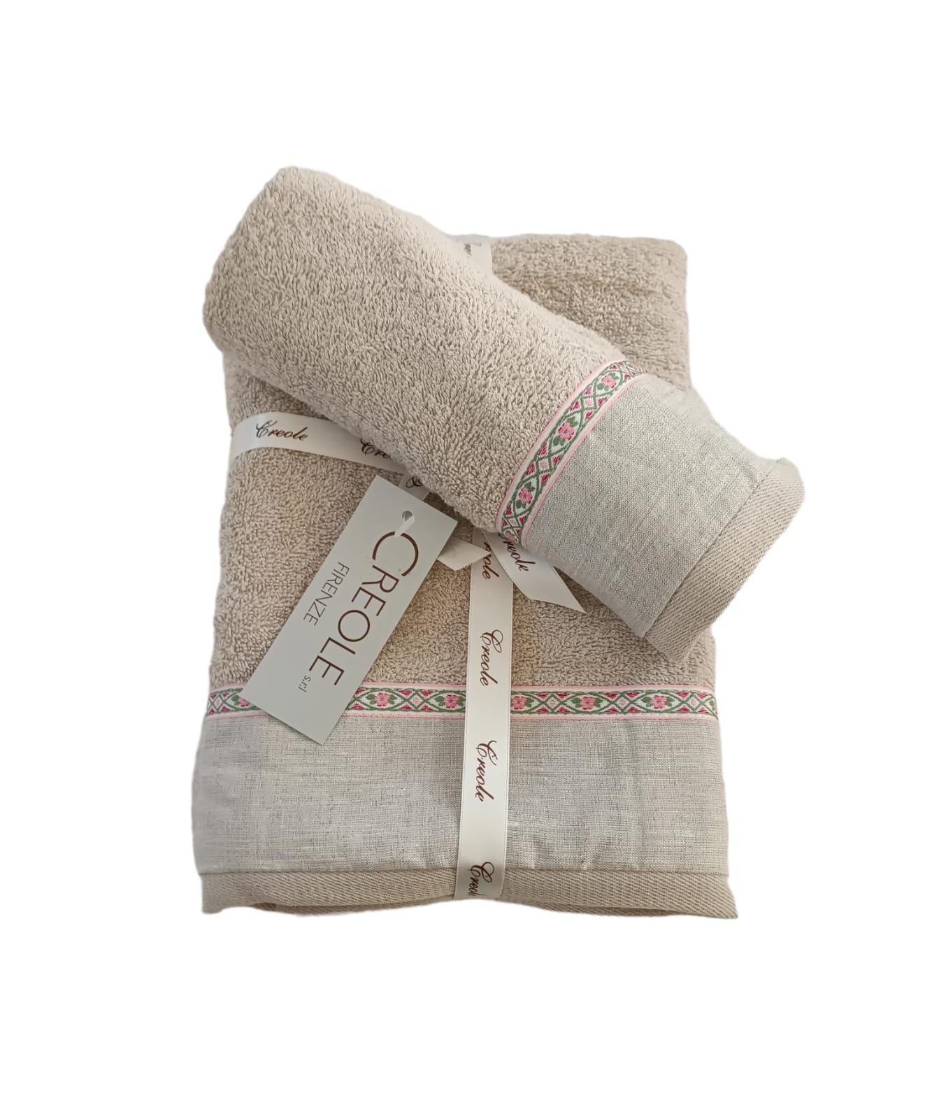Set Asciugamani Creole Firenze Balza lino con pizzo  Spugna di Cotone