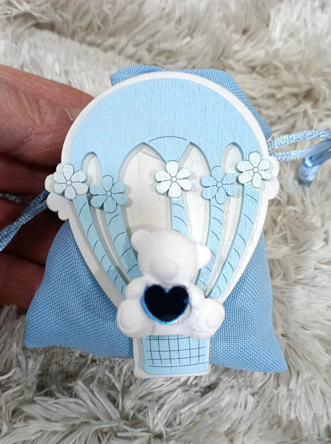 Scatolina Nascita Bimbo legno mongolfiera con orsetto celeste - The King Luxury