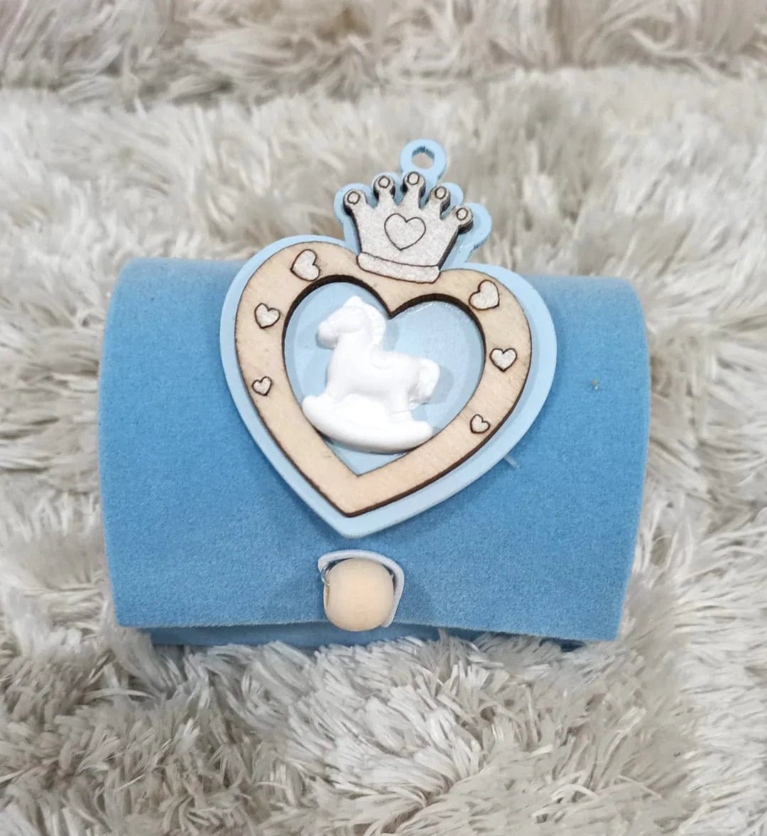Scatolina Nascita Bimbo scrigno in velluto celeste con corona legno e cavallino gessetto - The King Luxury