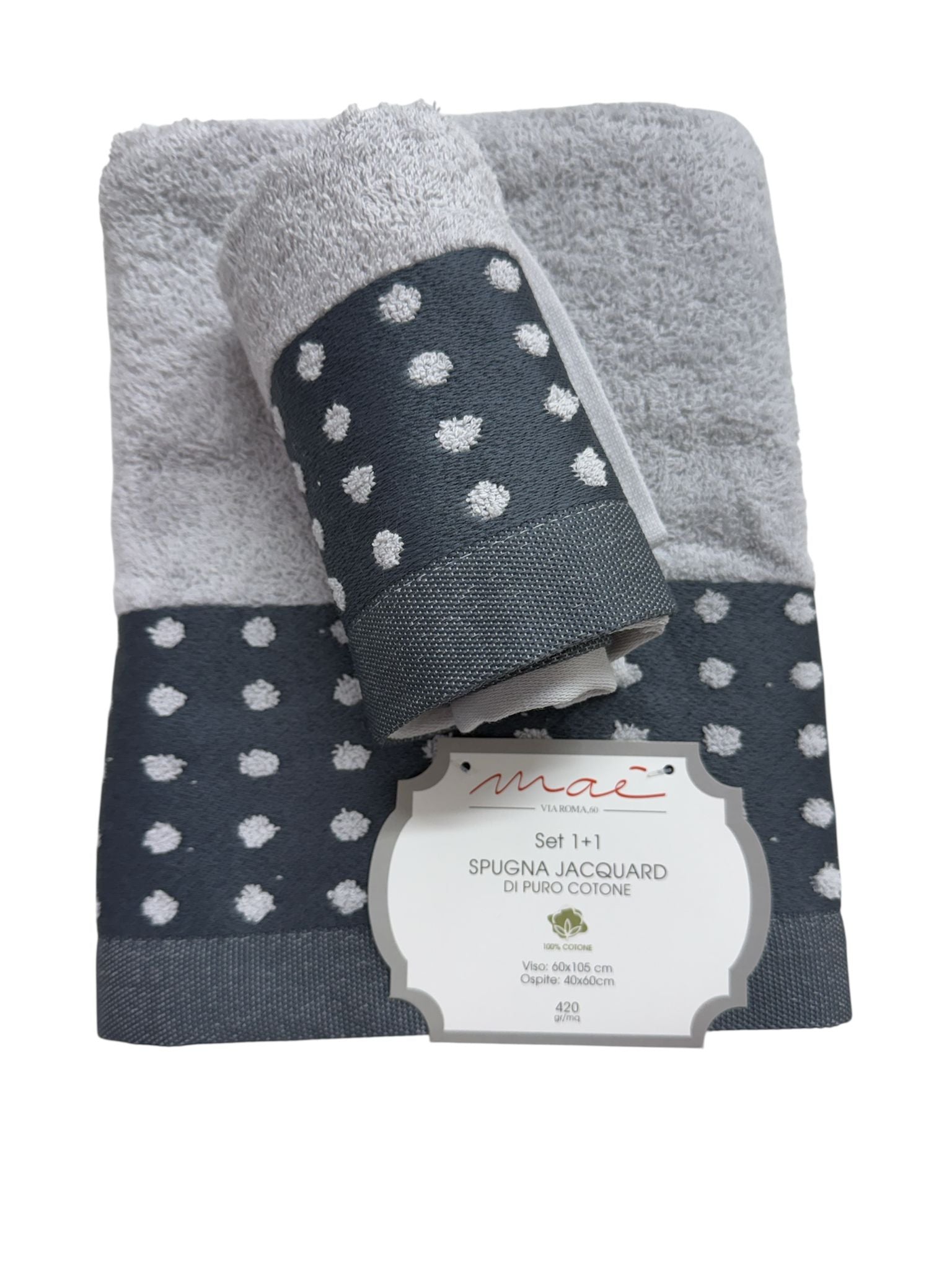 Set Asciugamani 1+1 Via Roma 60 Samba Pois – Spugna di Cotone Jacquard 420 gr/m²