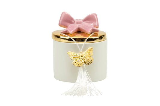 Scatola porcellana bianca piccola con coperchio oro e fiocco fucsia con candela profumata Matrimonio