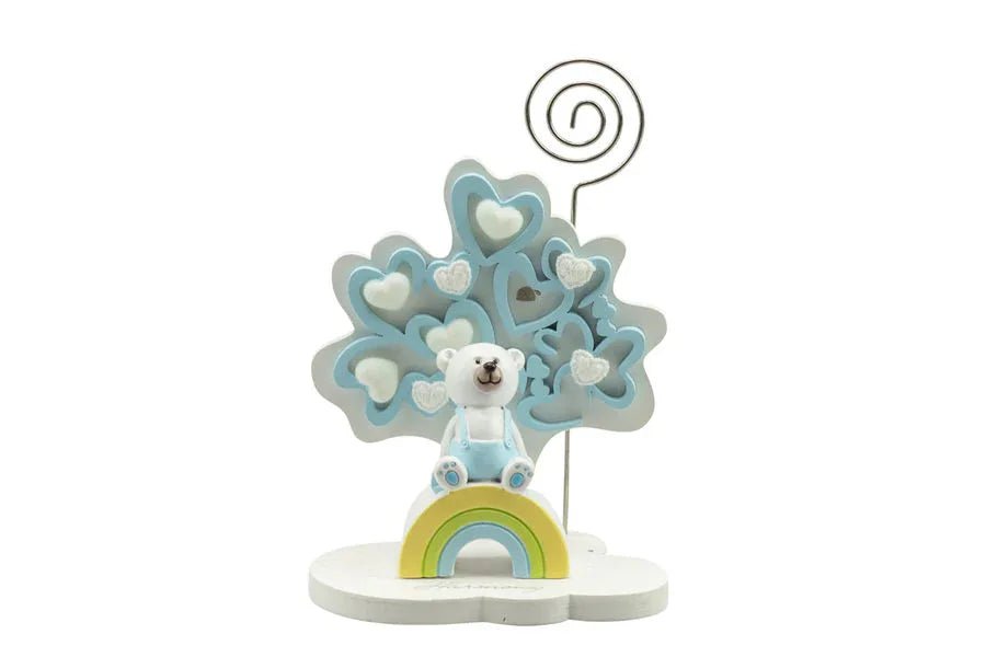 3 Pezzi Portafoto Albero della vita Nascita Bimbo cuori celeste piccolo con orsetto 3d resina su arcobaleno - The King Luxury