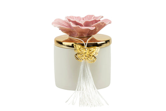 Scatola porcellana bianca piccola con coperchio oro e fiore fucsia con candela profumata Matrimonio