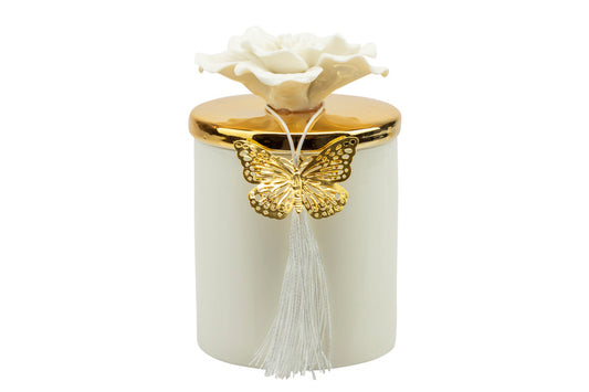 Scatola porcellana bianca media con coperchio oro e fiore bianco con candela profumata Matrimonio