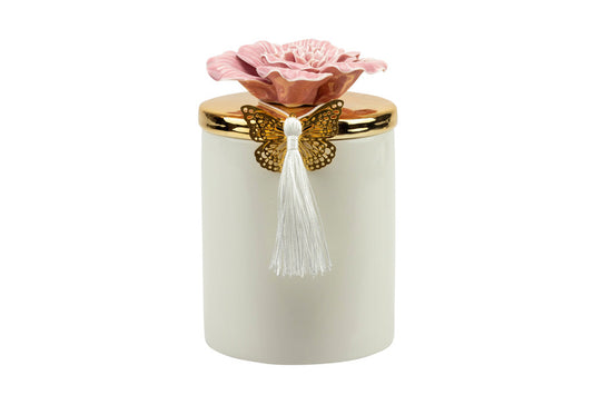 Scatola porcellana bianca grande con coperchio oro e fiore fucsia con candela profumata Matrimonio