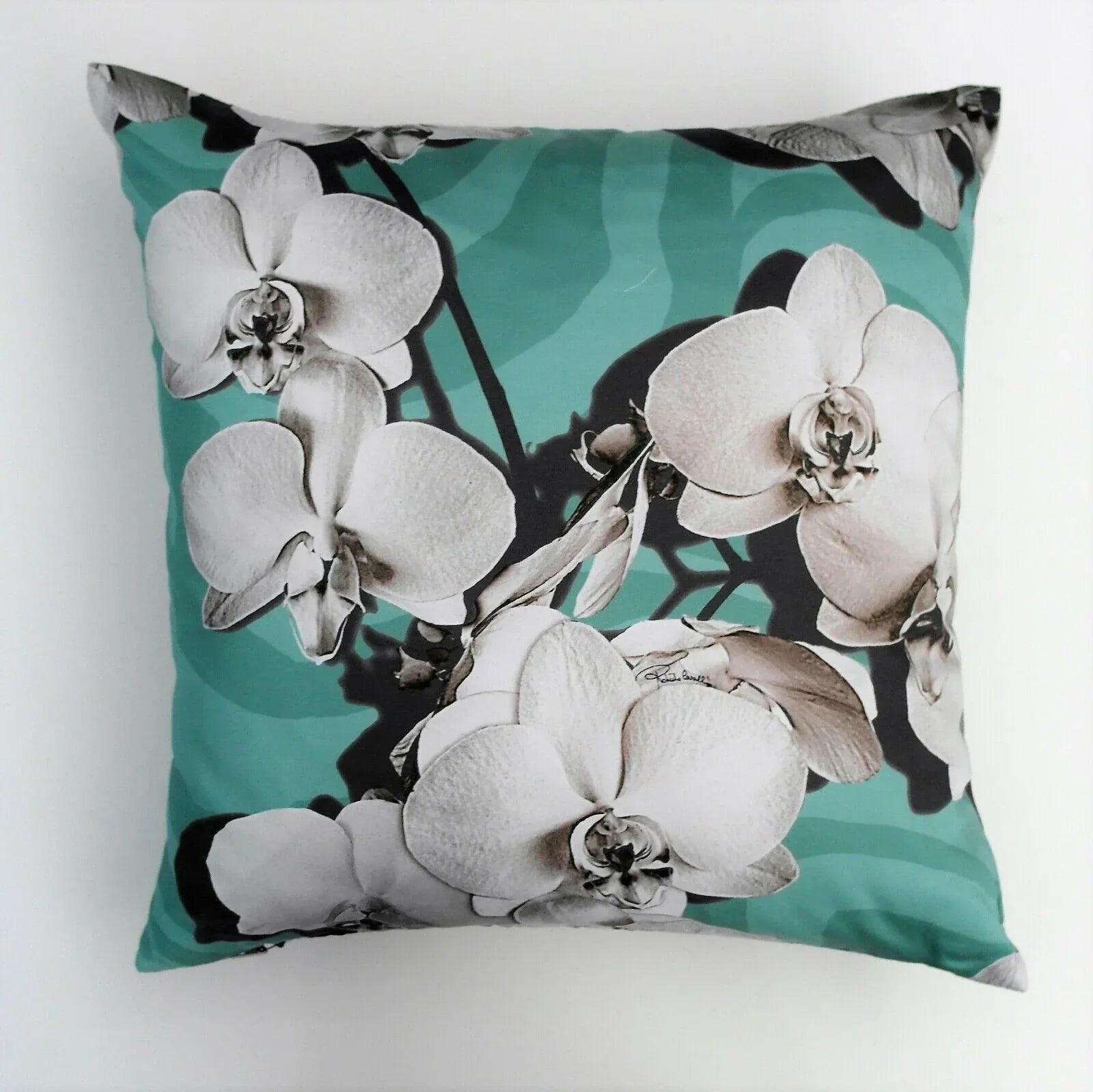 Cuscino Roberto Cavalli Divine Orchid Acqua 40x40 Raso Cotone - The King Luxury
