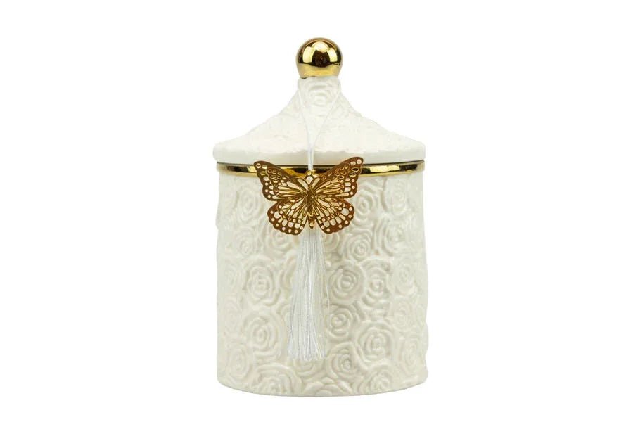 Scatola porcellana bianca grande con decalco rose con candela profumata Matrimonio - The King Luxury