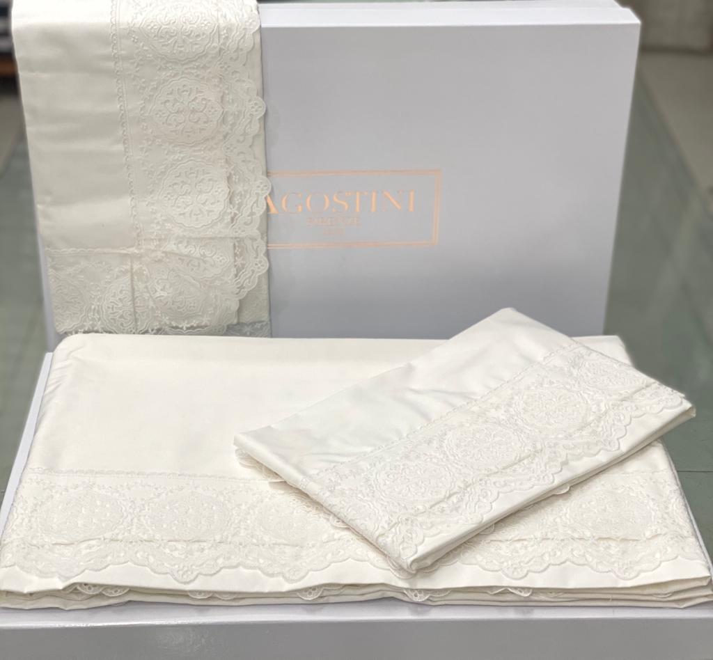 Completo Lenzuola Agostini Pizzo Matrimoniale Raso di Cotone