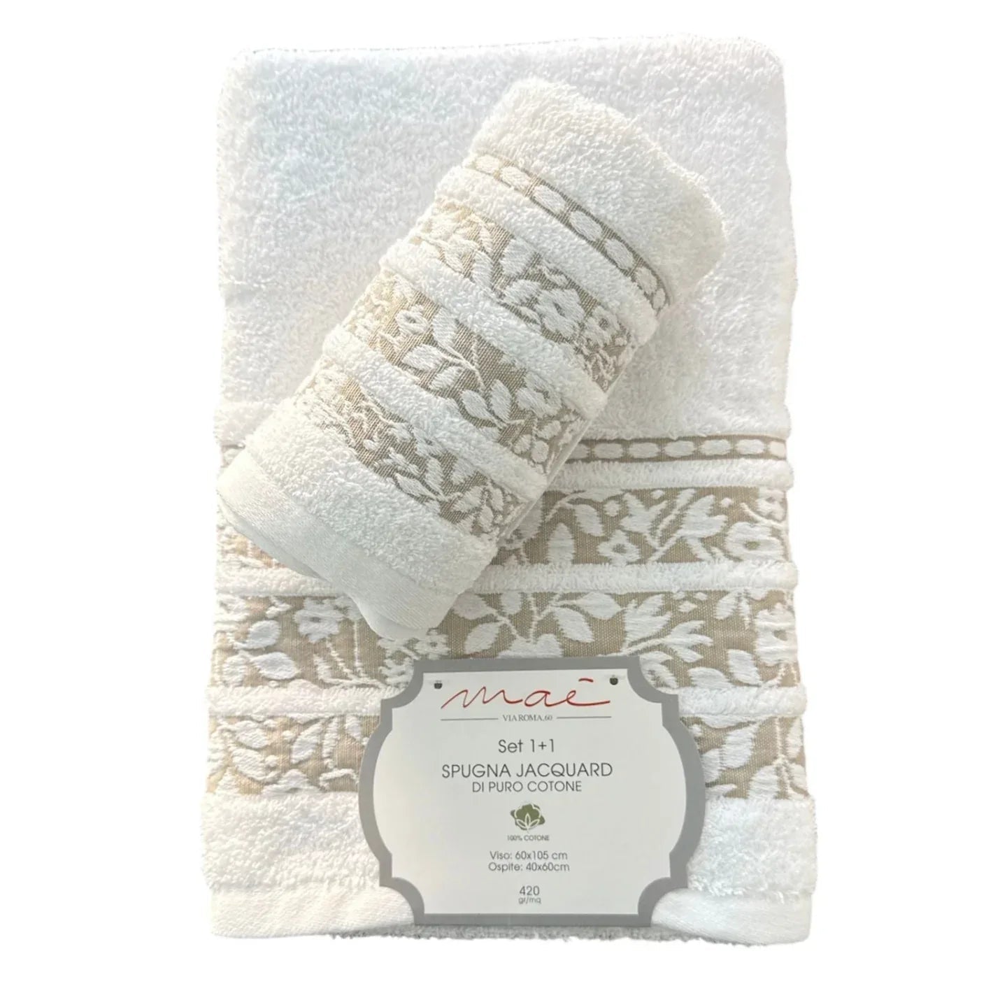 Set Asciugamani 1+1 Via Roma 60 Lino – Spugna di Cotone Jacquard 420 gr/m² - The King Luxury