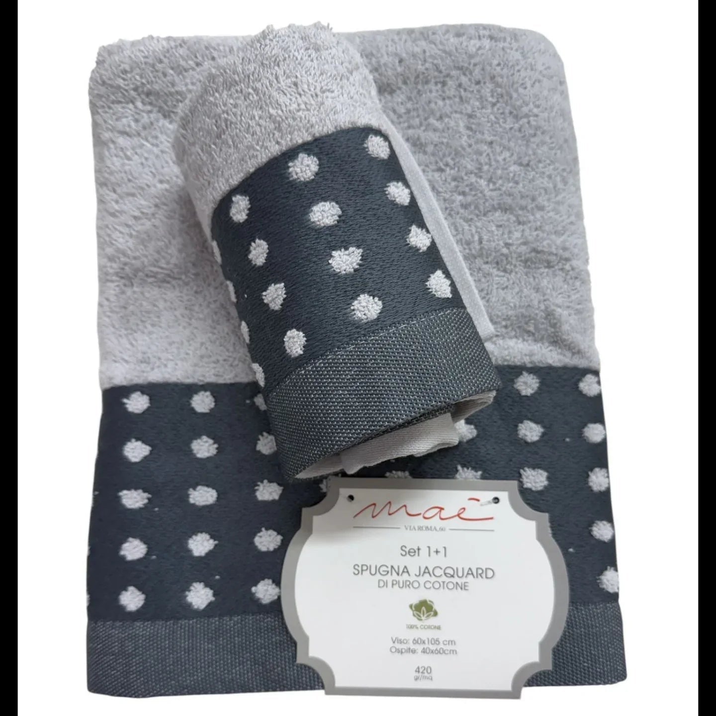 Set Asciugamani 1+1 Via Roma 60 Samba Pois – Spugna di Cotone Jacquard 420 gr/m² - The King Luxury