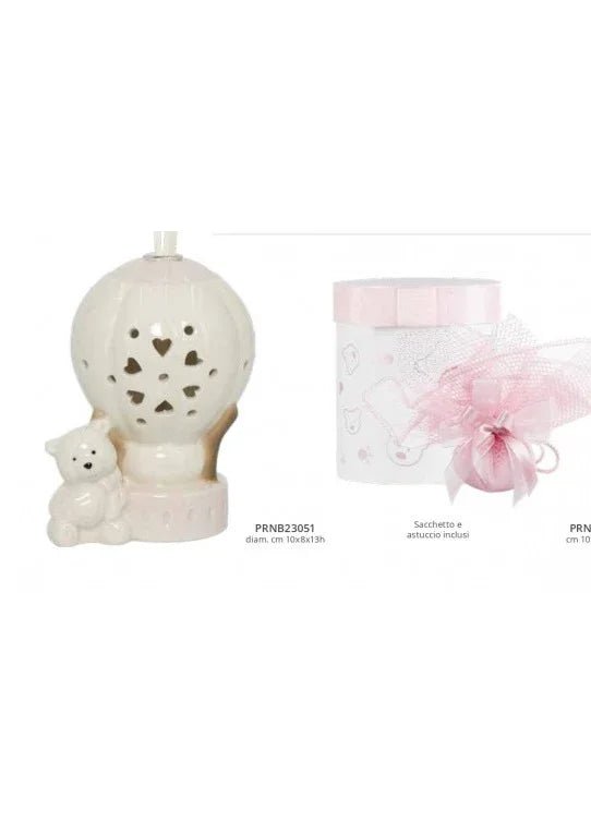 2 Pezzi Profumatore mongolfiera con orsetta Porcellana Nascita Bimba Harmony - The King Luxury