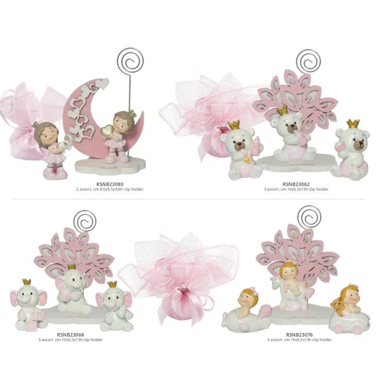 4 Pezzi Bomboniera Nascita Elefante 3D Rosa con Clip e Bimba Corona - The King Luxury