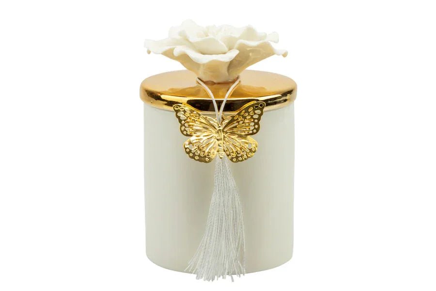 Scatola porcellana bianca media con coperchio oro e fiore bianco con candela profumata Matrimonio - The King Luxury